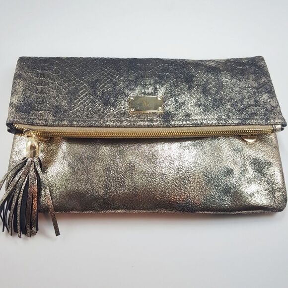 INC International Concepts Metallic Gold Bronze Black Frita Clutch Crossbody - Picture 1 of 16